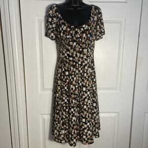 Vintage Y2K Danny Nicole Dress Women 12 Brown Geometric Pleated Back Tie Stretch